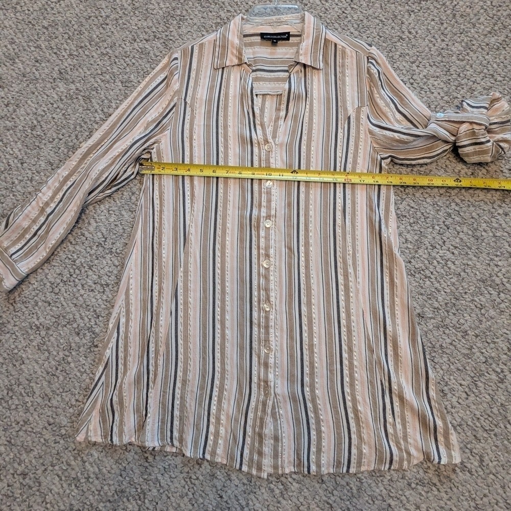 Women's (Size M) Long Striped V-neck Button Down Blouse/Top Long or 3/4 Sleeves - Picture 9 of 13